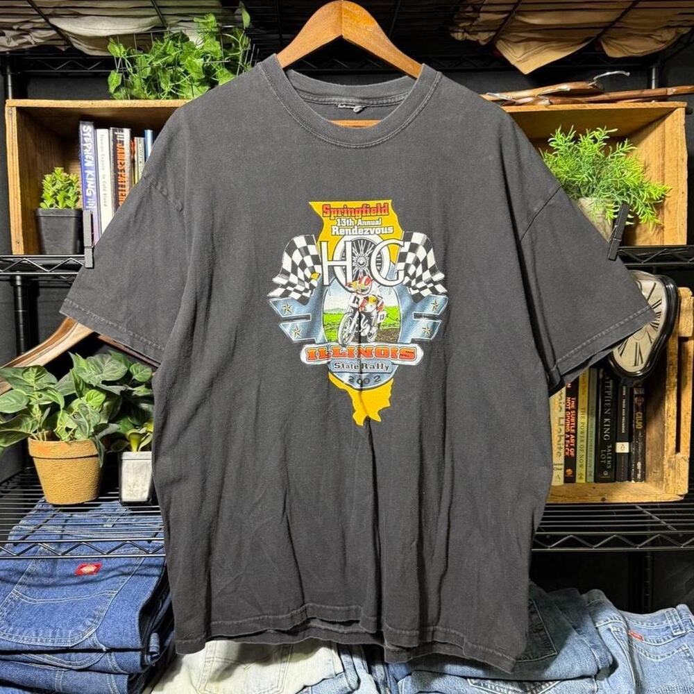 Vintage Y2K Hog Bike Rally Biker Tee Faded Black Illinois Motorcycle Shirt XL